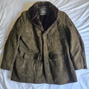 Vintage Lakeland Men's Suede Coat Faux Fur Collar Lining Brown Size 46